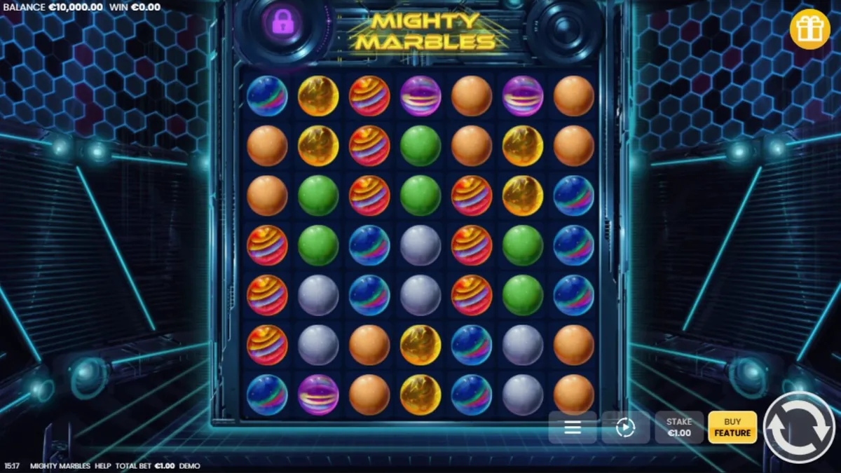 Tampilan visual slot Mighty Marbles dengan grid 7x7 dan simbol kelereng neon