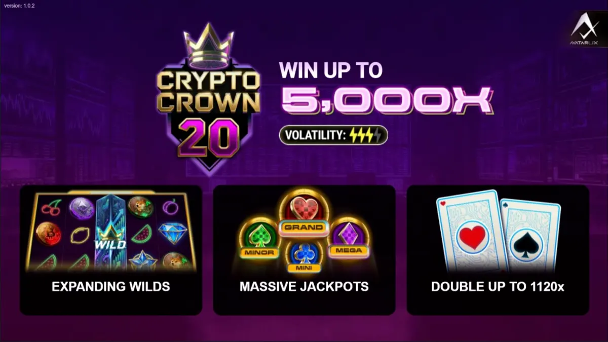 Tampilan visual slot Crypto Crown 20 dengan simbol kripto dan buah neon