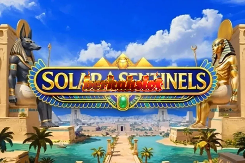 Pemandangan sinematik slot Solar Sentinels dengan latar belakang monumen Mesir kuno.